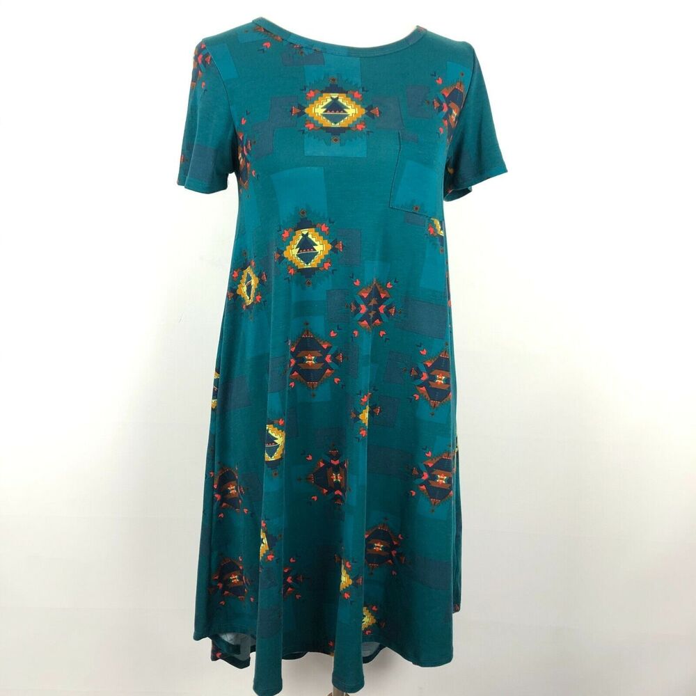 Lularoe Carly Green Aztec South Western Print Short Sleeve Dress Women's XXS